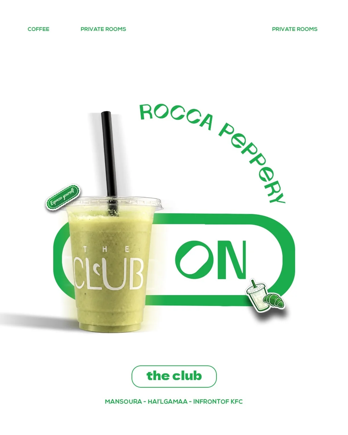 The Club green signature drink beside a focus switch