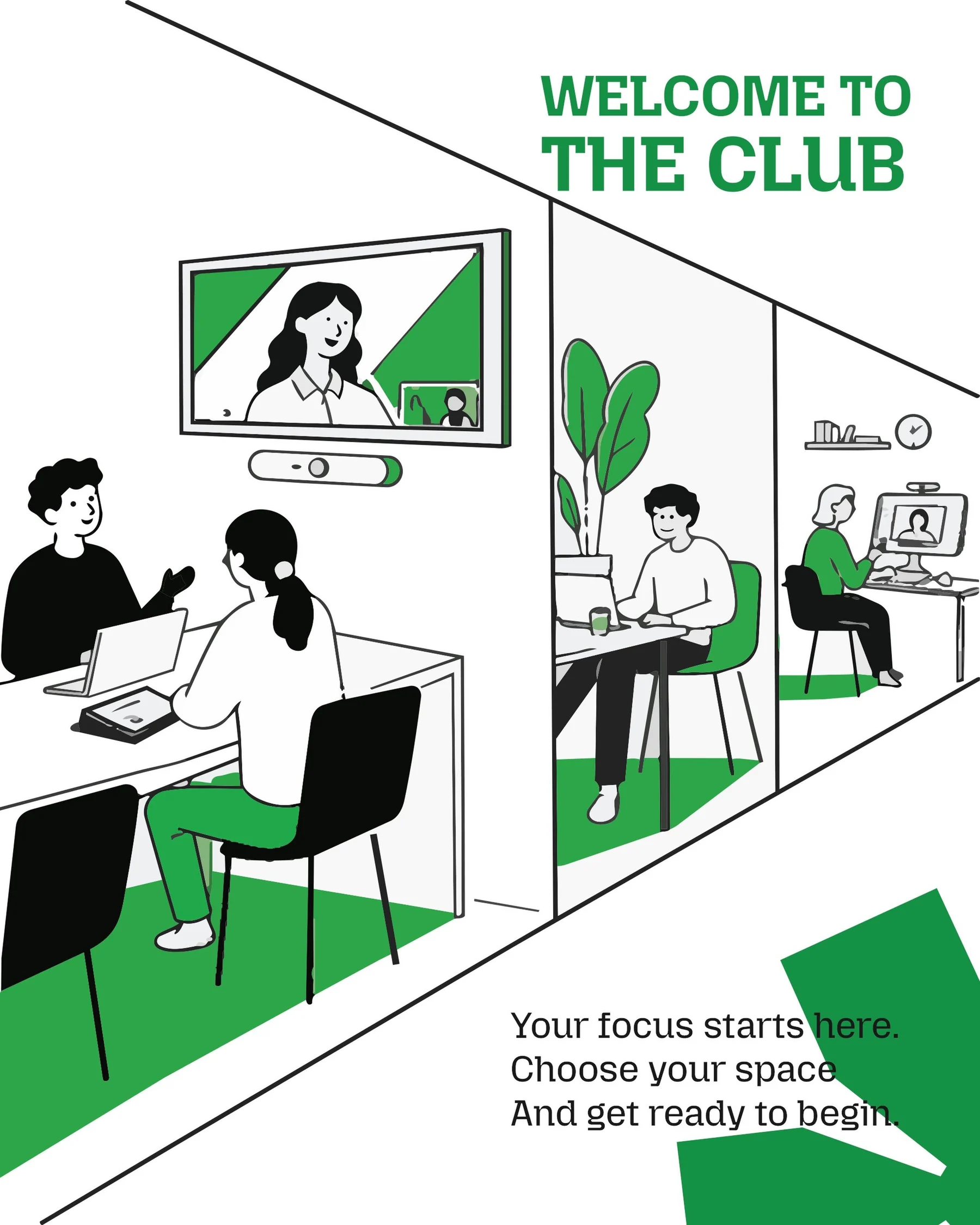 Illustrated cutaway of The Club showing the coffee bar, shared floor, and private rooms
