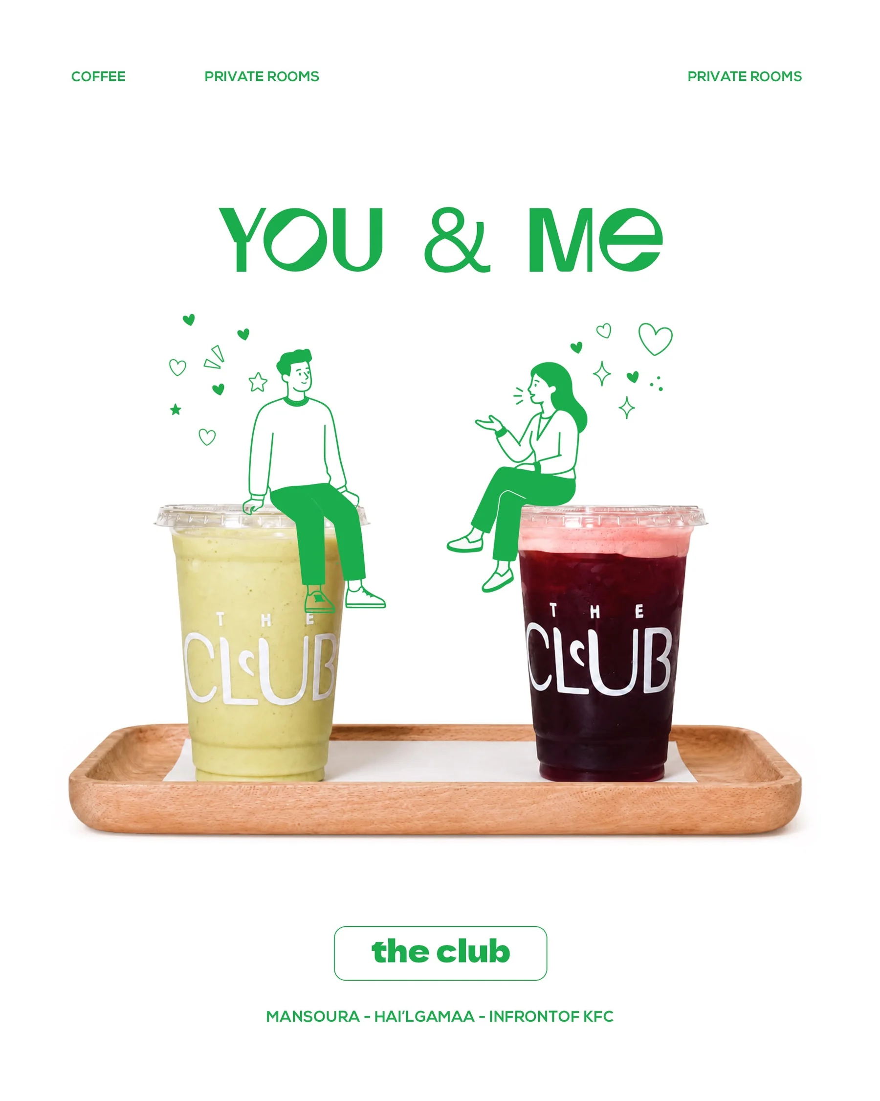 Two illustrated friends sitting above two colourful drinks